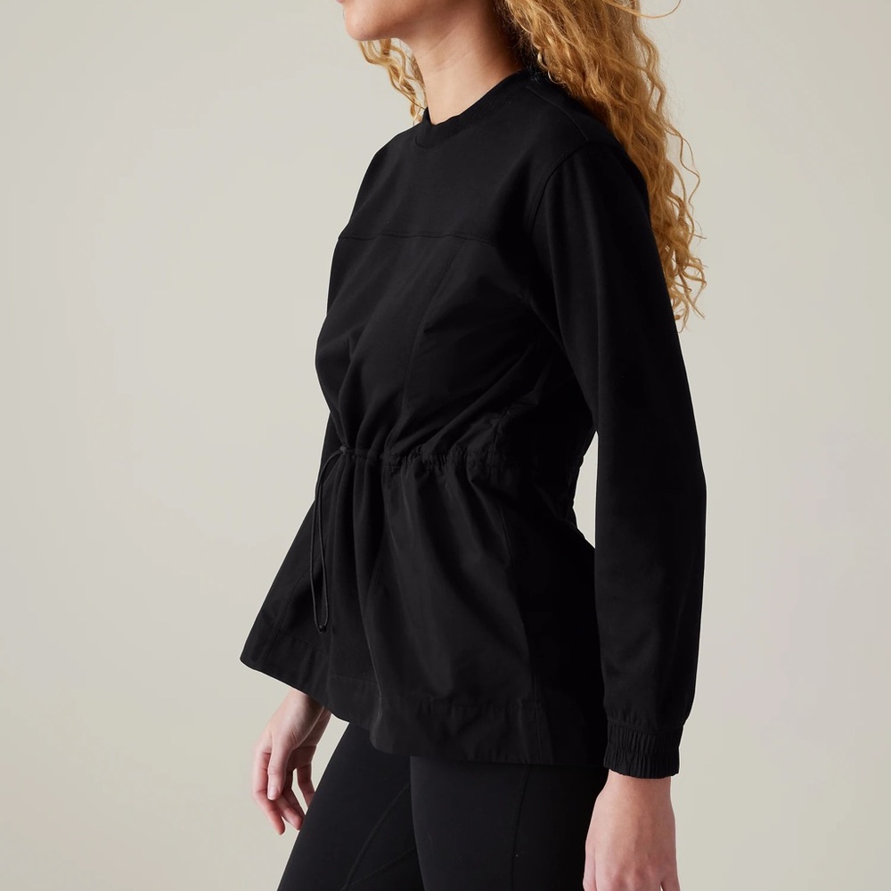 Athleta Triumph Hybrid Crewneck Sweater Cinch Waist Black Athleisure Sz S